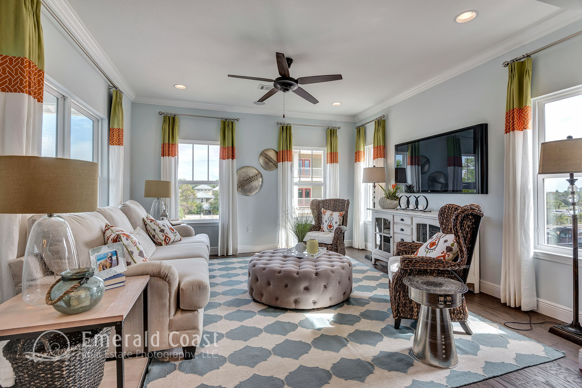 family room with green accents