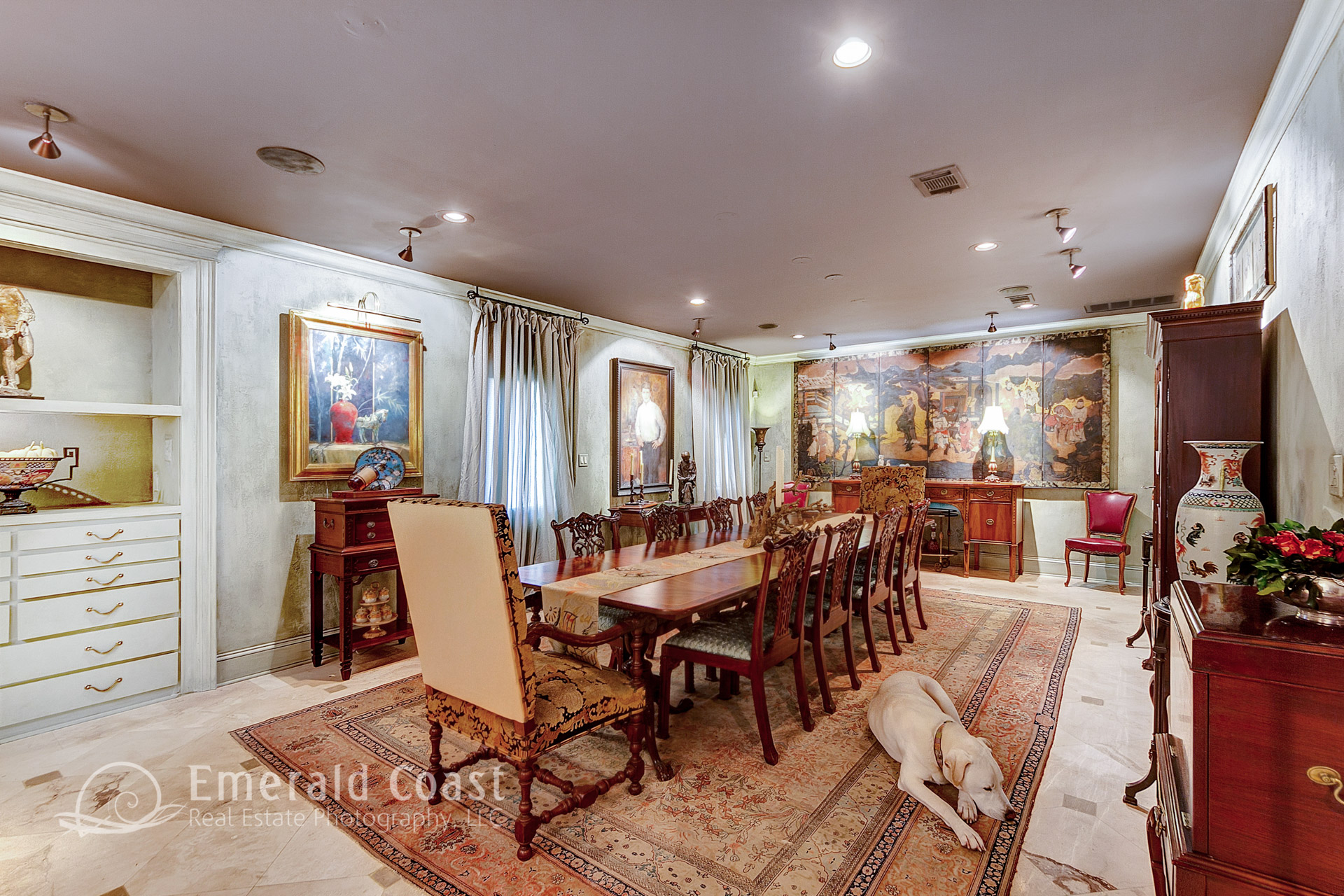 formal dining room with dog
